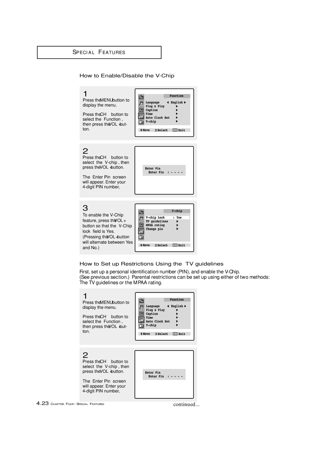 Samsung TXM 3097WHF manual How to Enable/Disable the V-Chip, How to Set up Restrictions Using the TV guidelines 