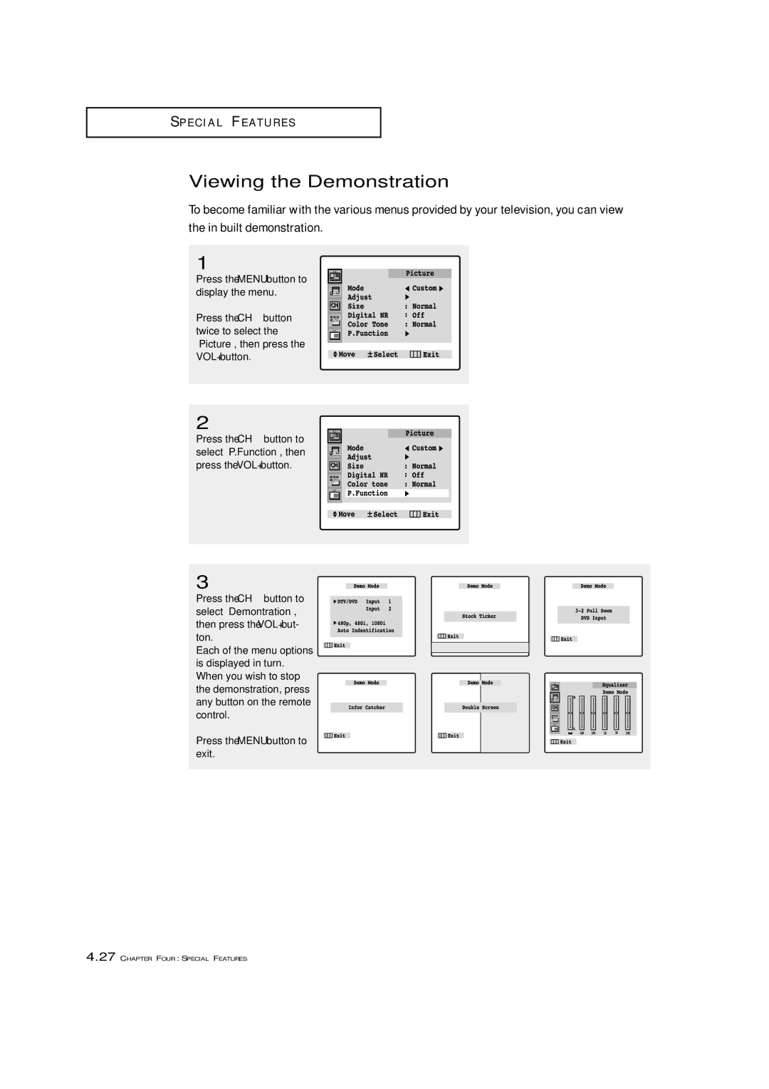 Samsung TXM 3097WHF manual Viewing the Demonstration 