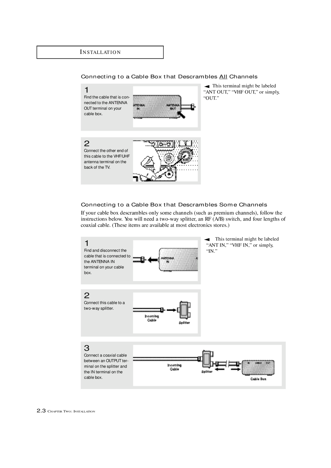 Samsung TXN 1634F manual Connecting to a Cable Box that Descrambles All Channels, Connect this cable to a two-way splitter 