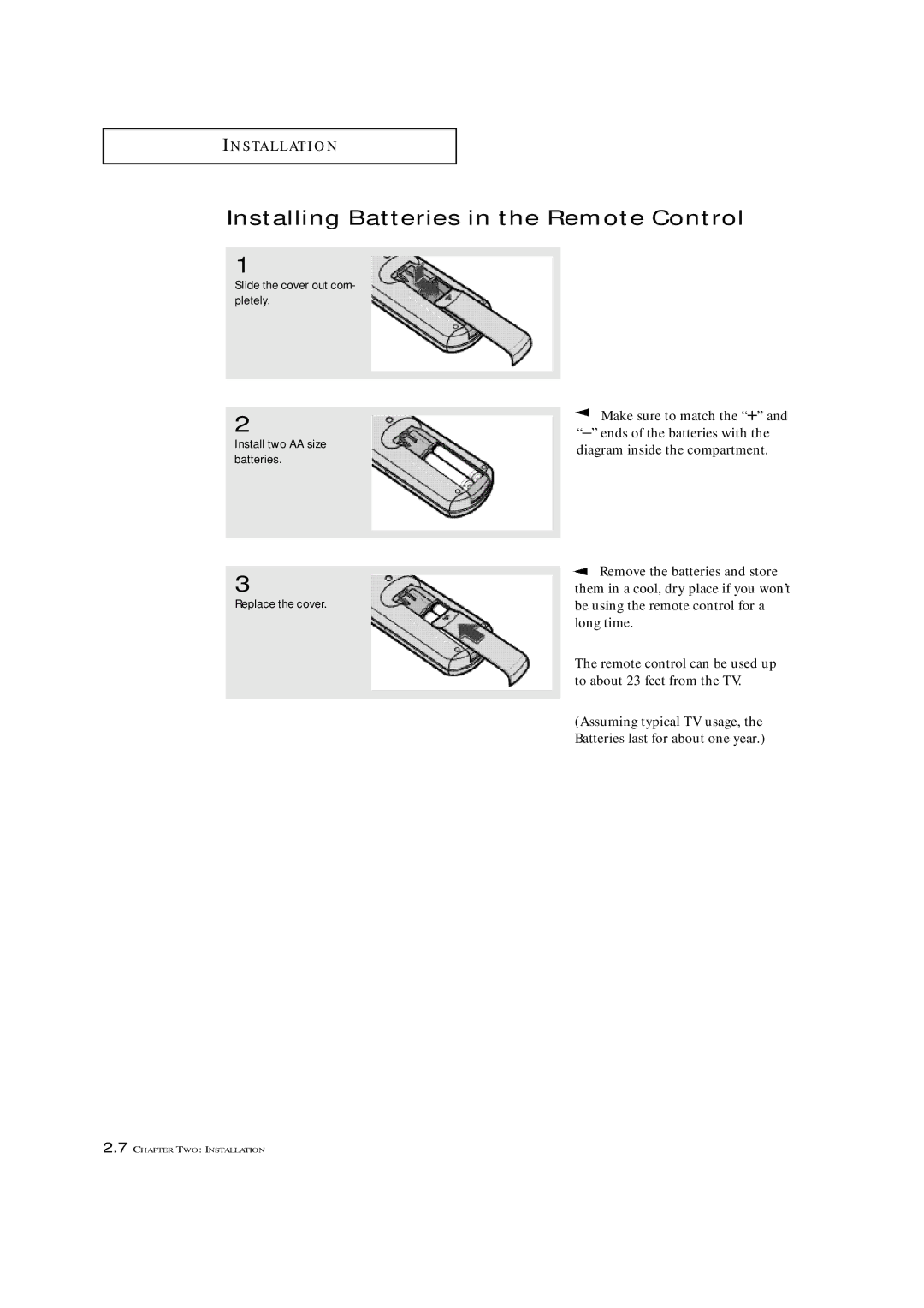 Samsung TXN 1430F, TXN 2022, TXN 1634F manual Installing Batteries in the Remote Control 