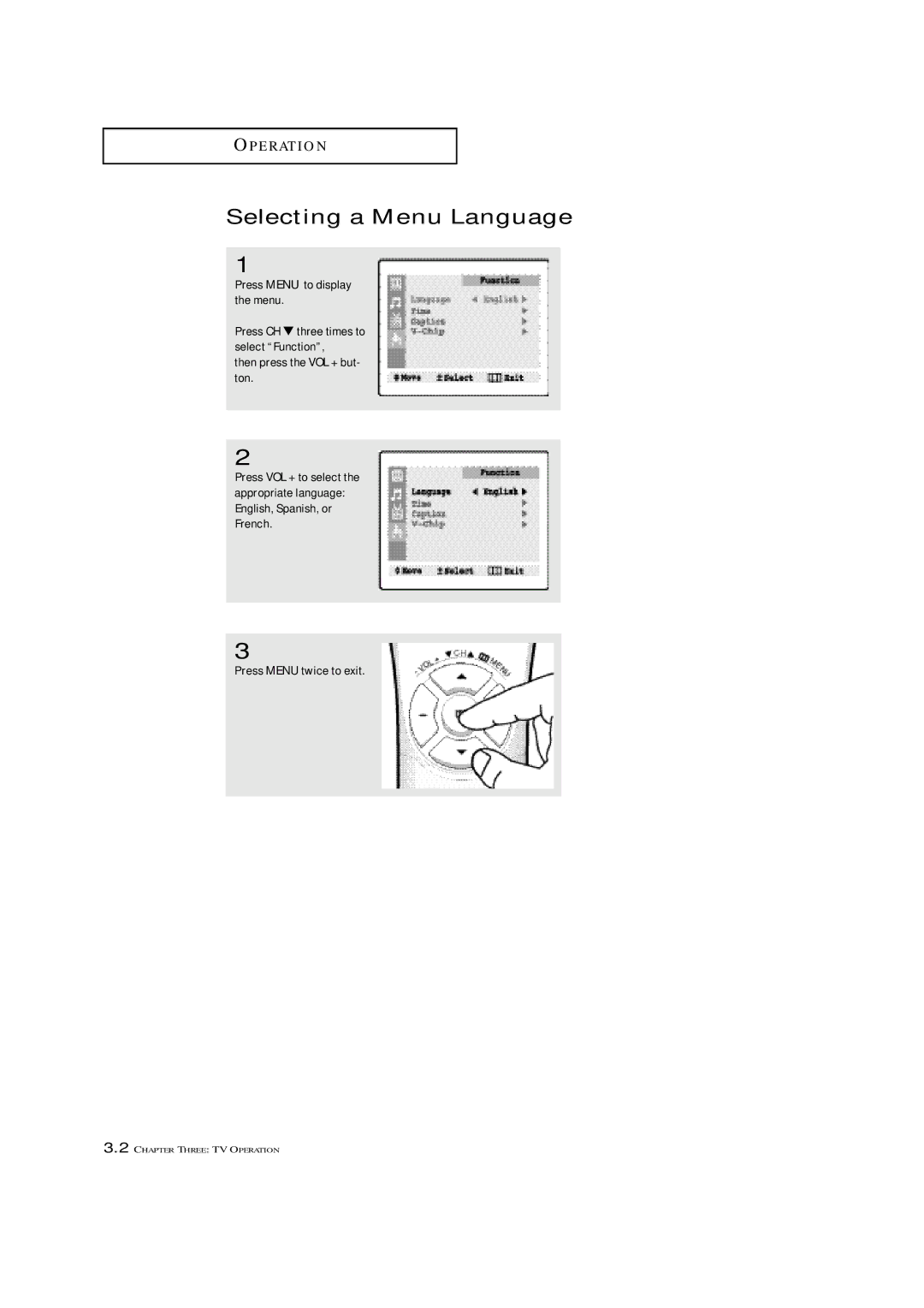 Samsung TXN 1634F, TXN 2022, TXN 1430F manual Selecting a Menu Language 