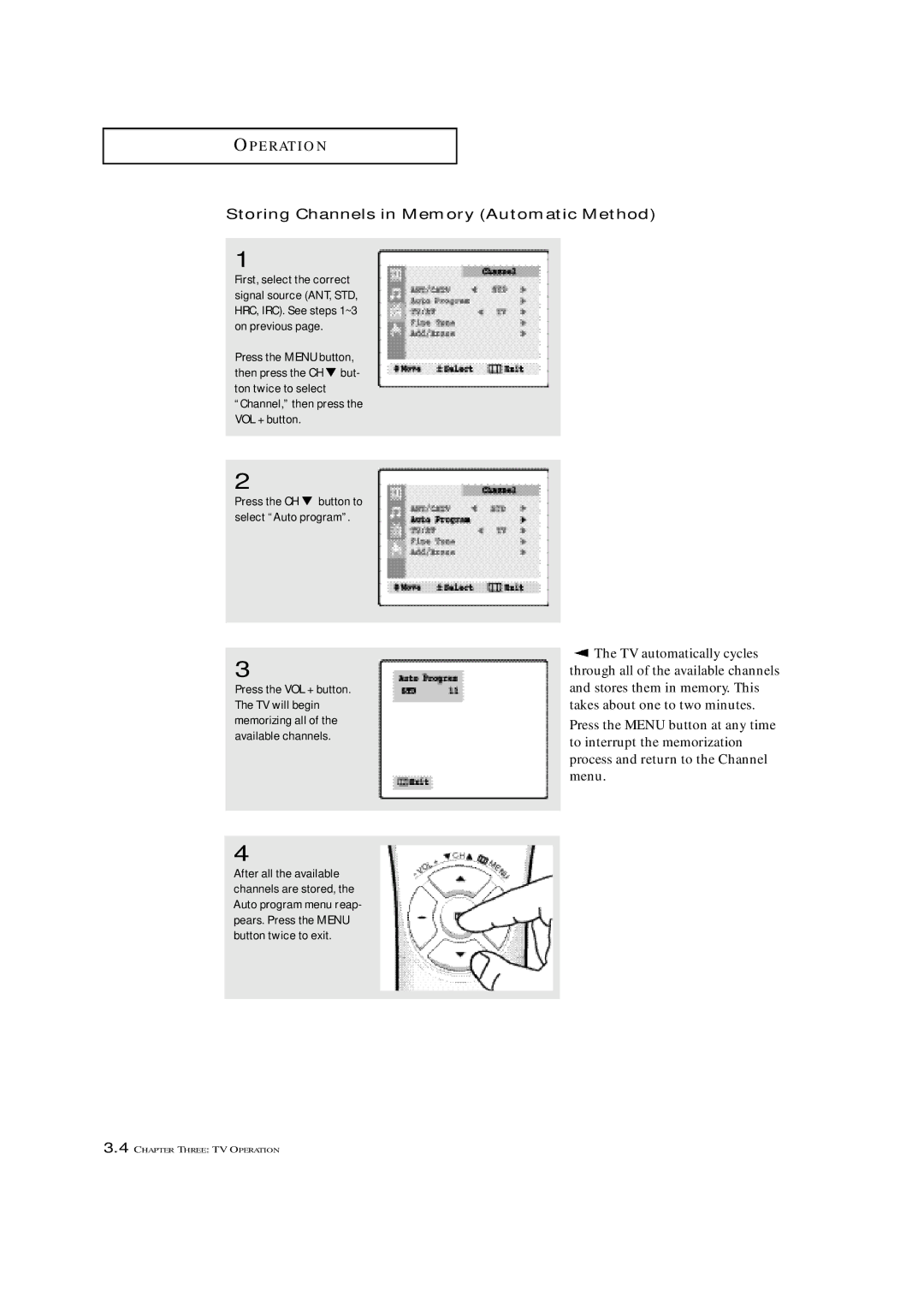 Samsung TXN 2022, TXN 1634F, TXN 1430F manual Storing Channels in Memory Automatic Method 