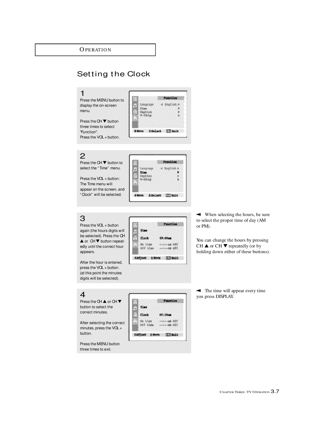 Samsung TXN 2022, TXN 1634F, TXN 1430F manual Setting the Clock, Or CH button repeat- edly until the correct hour appears 