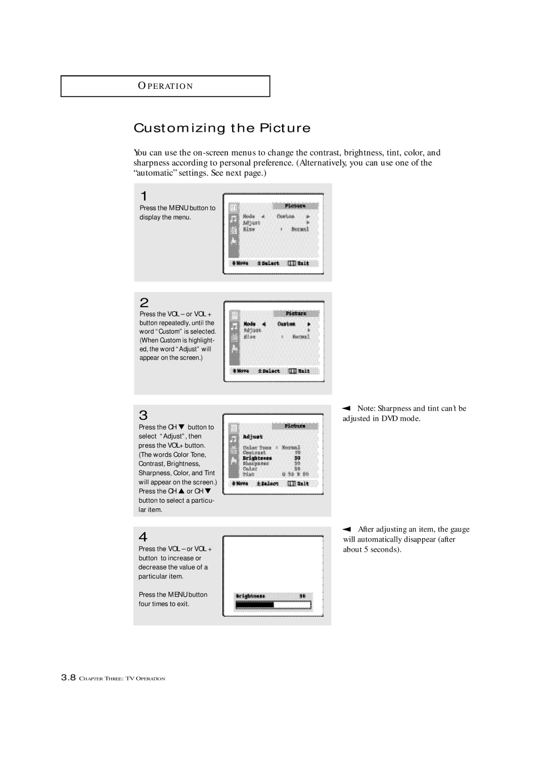 Samsung TXN 1634F, TXN 2022, TXN 1430F manual Customizing the Picture, Press the Menu button to display the menu 