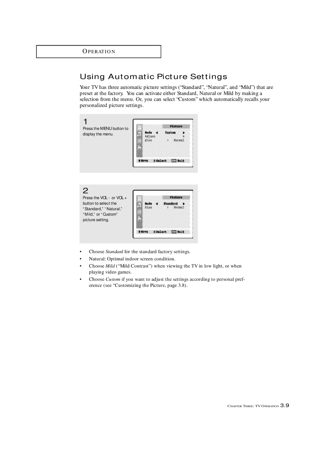 Samsung TXN 1430F, TXN 2022, TXN 1634F manual Using Automatic Picture Settings 