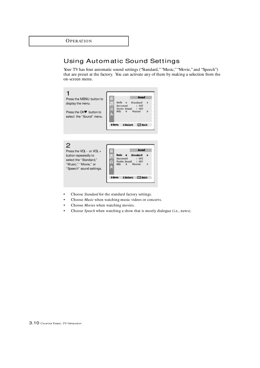 Samsung TXN 2022, TXN 1634F, TXN 1430F manual Using Automatic Sound Settings 