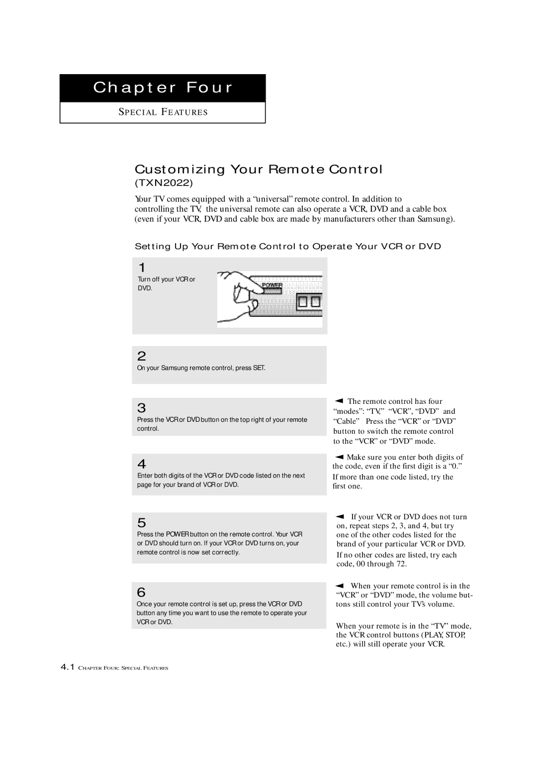 Samsung TXN 1430F, TXN 2022 Customizing Your Remote Control, Setting Up Your Remote Control to Operate Your VCR or DVD 