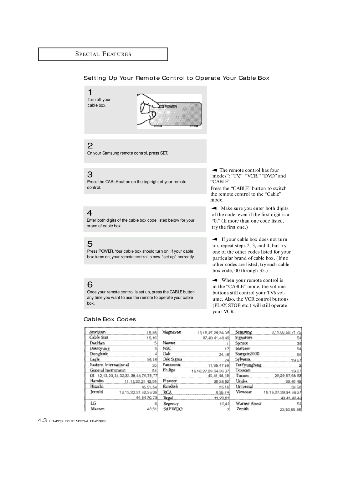 Samsung TXN 1634F, TXN 2022, TXN 1430F manual Setting Up Your Remote Control to Operate Your Cable Box, Cable Box Codes 