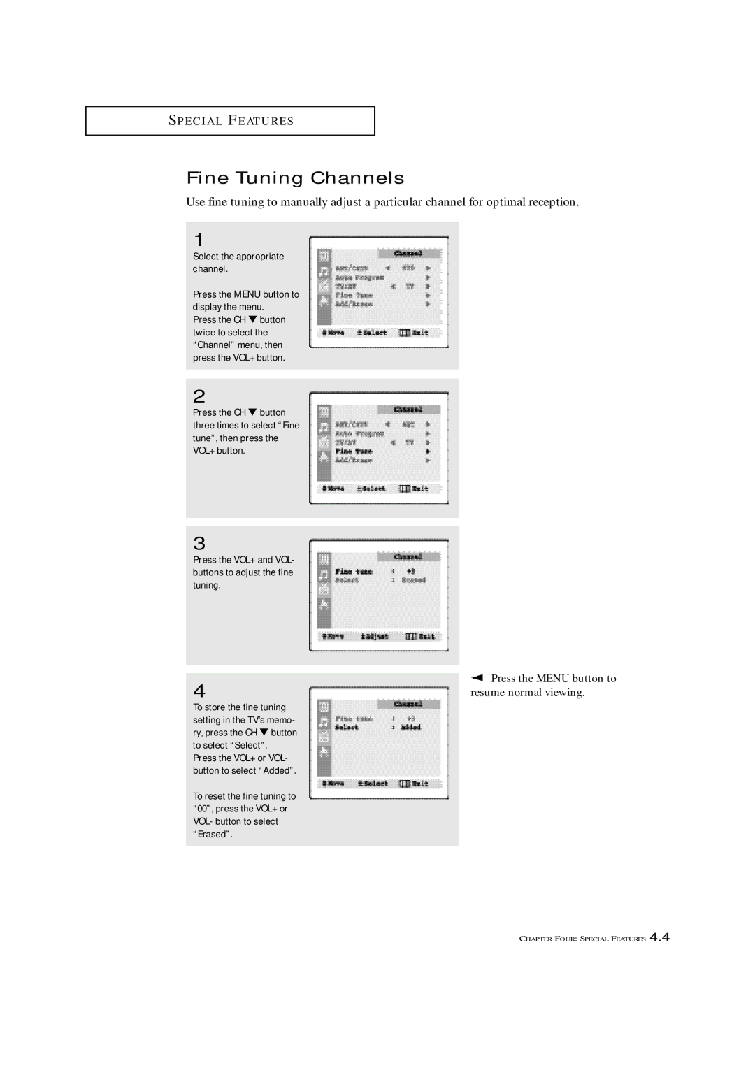 Samsung TXN 1430F, TXN 2022, TXN 1634F manual Fine Tuning Channels 