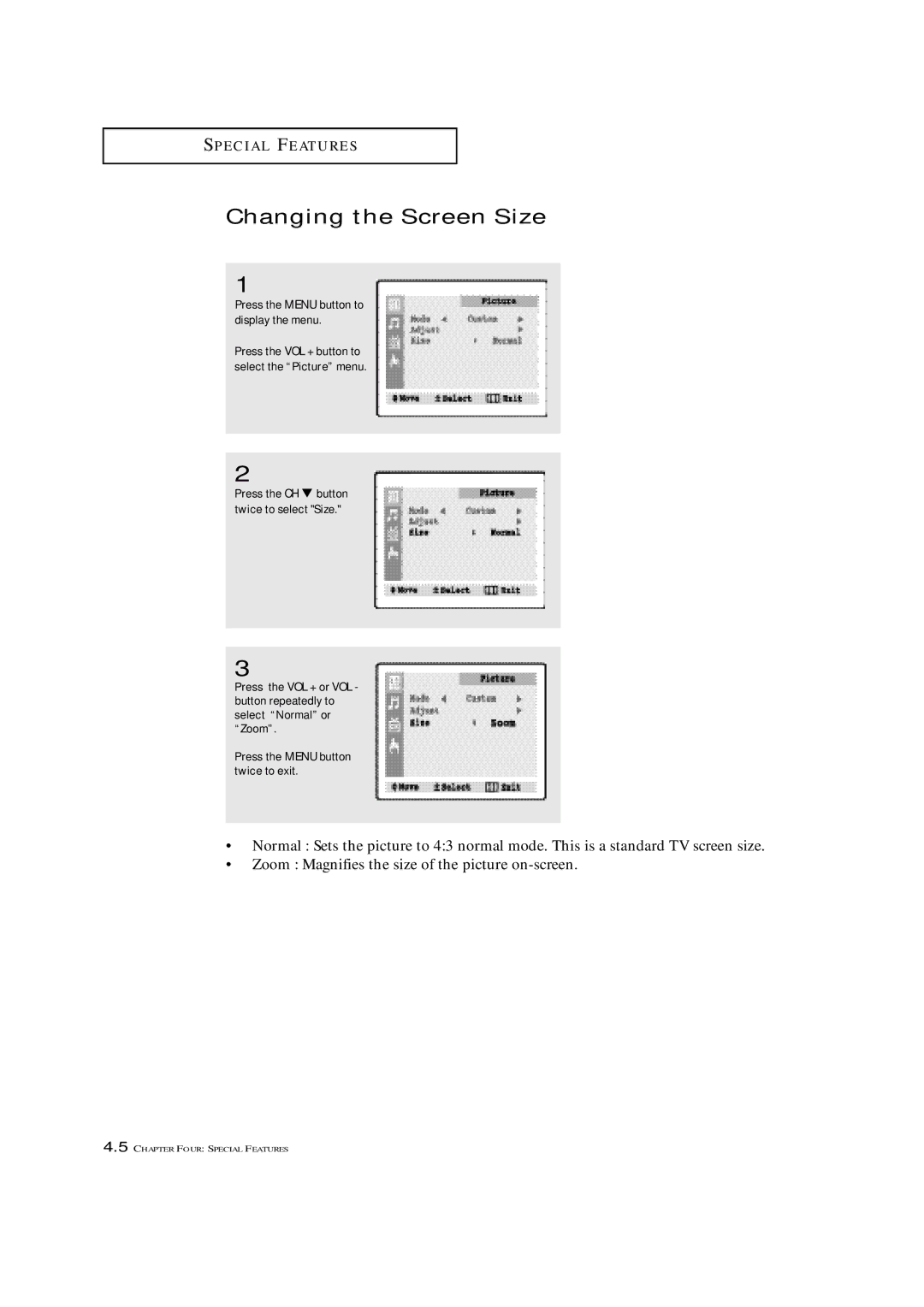 Samsung TXN 2022, TXN 1634F, TXN 1430F manual Changing the Screen Size 