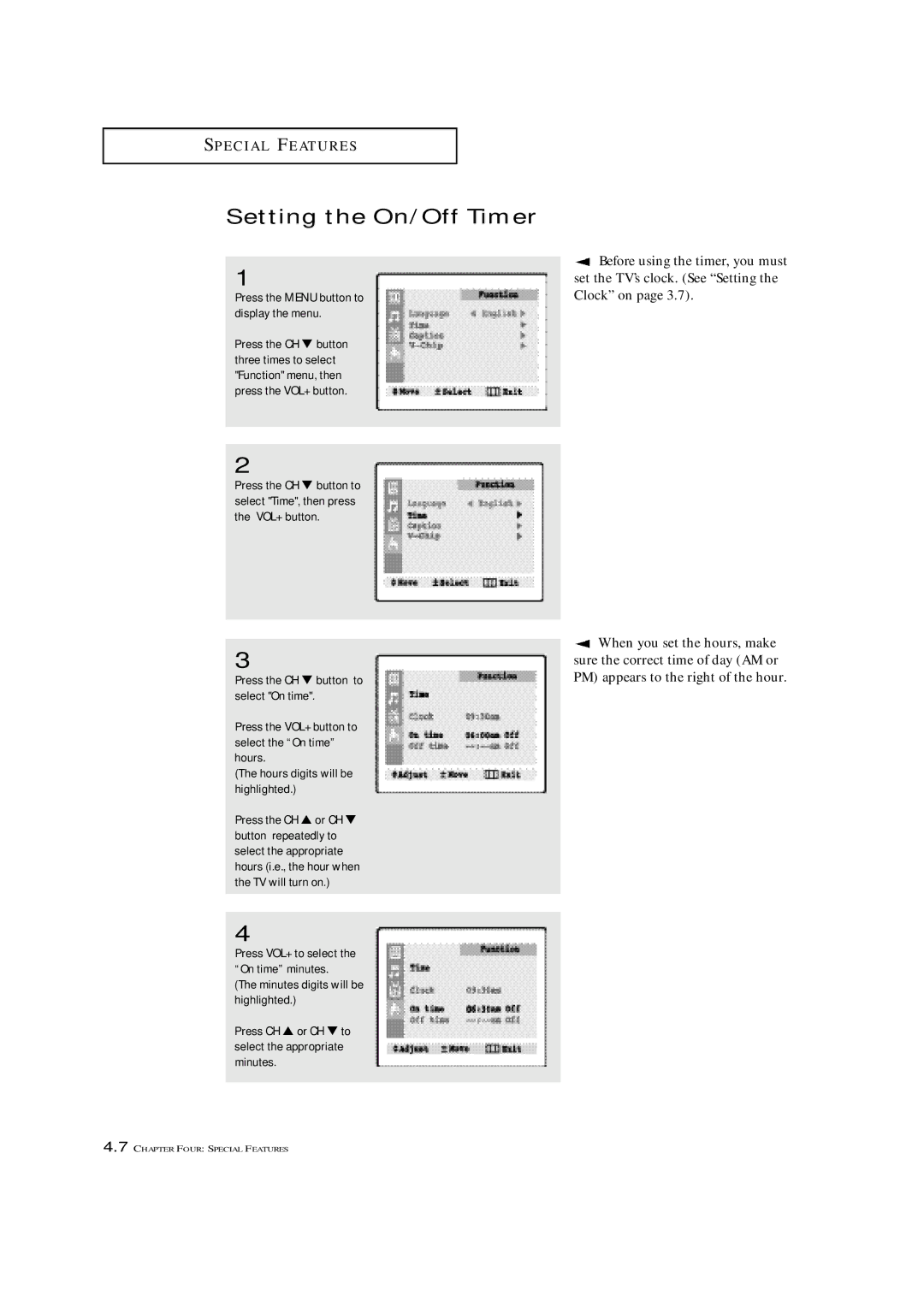 Samsung TXN 1430F, TXN 2022, TXN 1634F manual Setting the On/Off Timer 