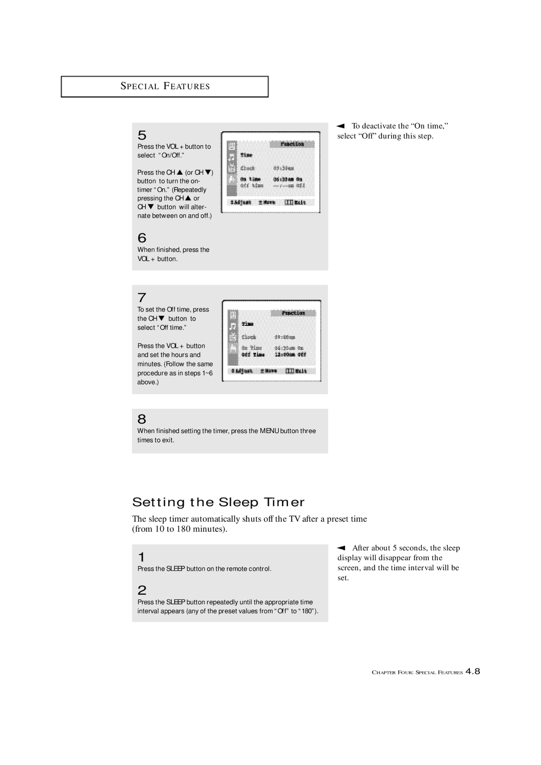 Samsung TXN 2022, TXN 1634F, TXN 1430F manual Setting the Sleep Timer, When finished, press the VOL + button 