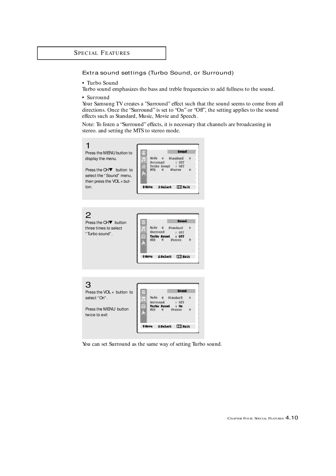 Samsung TXN 1430F, TXN 2022, TXN 1634F manual Extra sound settings Turbo Sound, or Surround 