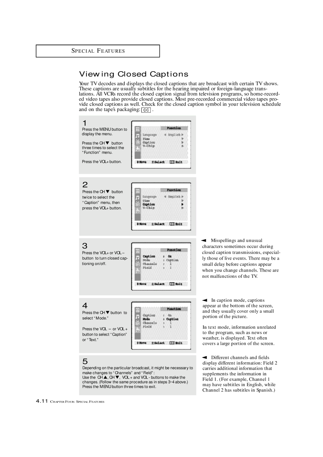 Samsung TXN 2022, TXN 1634F, TXN 1430F manual Viewing Closed Captions, Press the Menu button to display the menu 