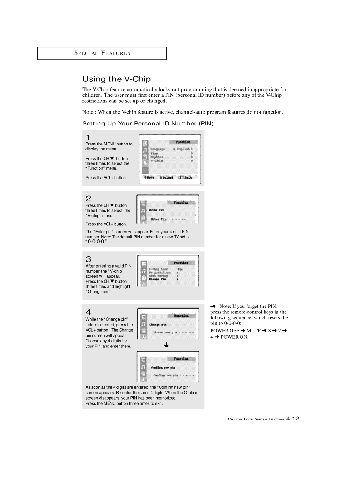 Samsung TXN 1634F Using the V-Chip, Setting Up Your Personal ID Number PIN, Press the Menu button three times to exit 