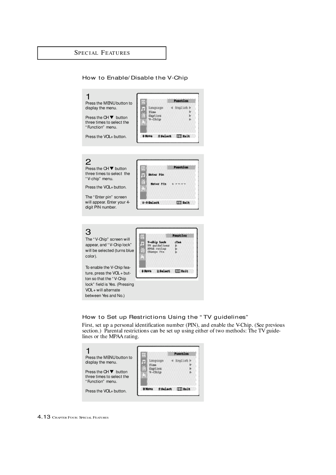 Samsung TXN 1430F, TXN 2022, TXN 1634F How to Enable/Disable the V-Chip, How to Set up Restrictions Using the TV guidelines 