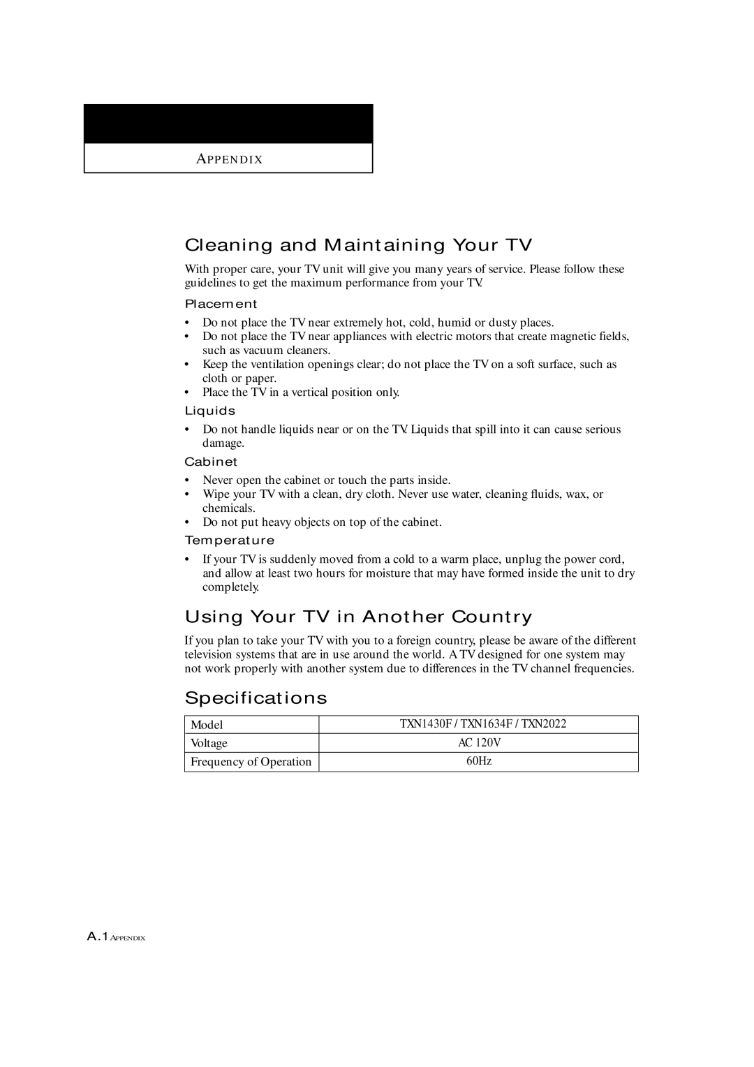 Samsung TXN 1634F, TXN 2022, TXN 1430F Cleaning and Maintaining Your TV, Using Your TV in Another Country, Specifications 