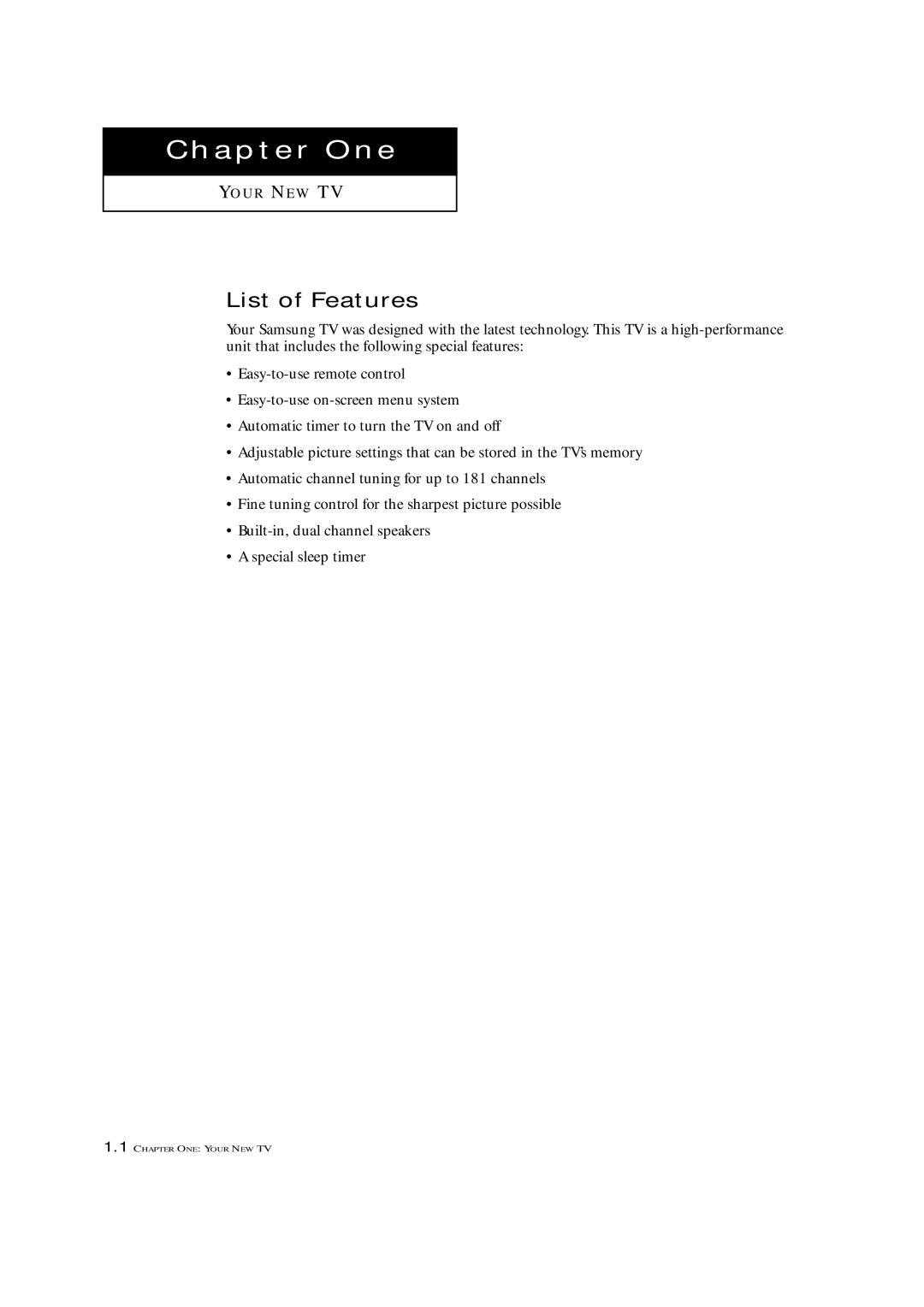 Samsung TXN 1430F, TXN 2022, TXN 1634F manual Chapter One, List of Features 