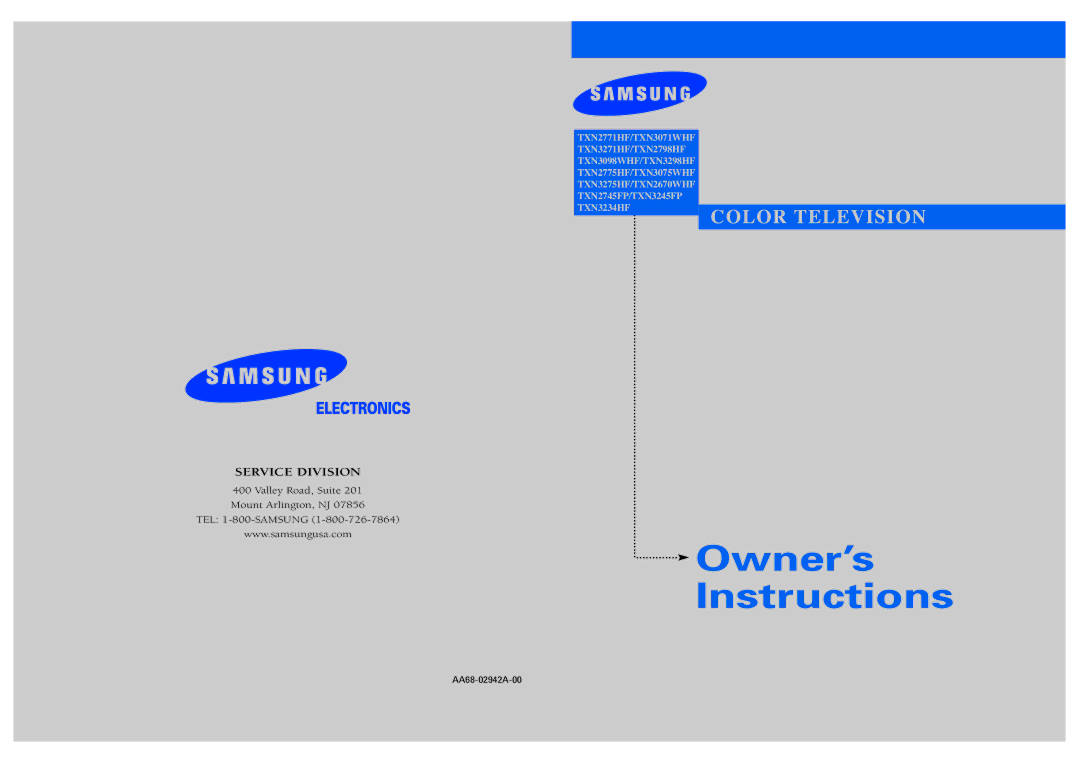 Samsung TXN2771HF/TXN3071WHF manual Owner’s Instructions, AA68-02942A-00 