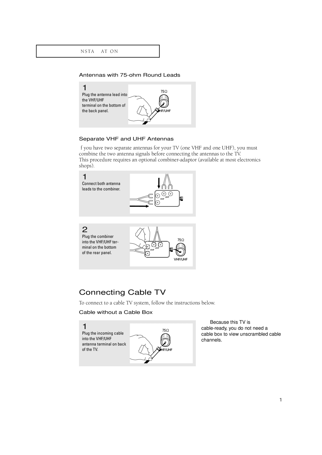 Samsung TXN2771HF/TXN3071WHF manual Connecting Cable TV, Antennas with 75-ohm Round Leads, Separate VHF and UHF Antennas 