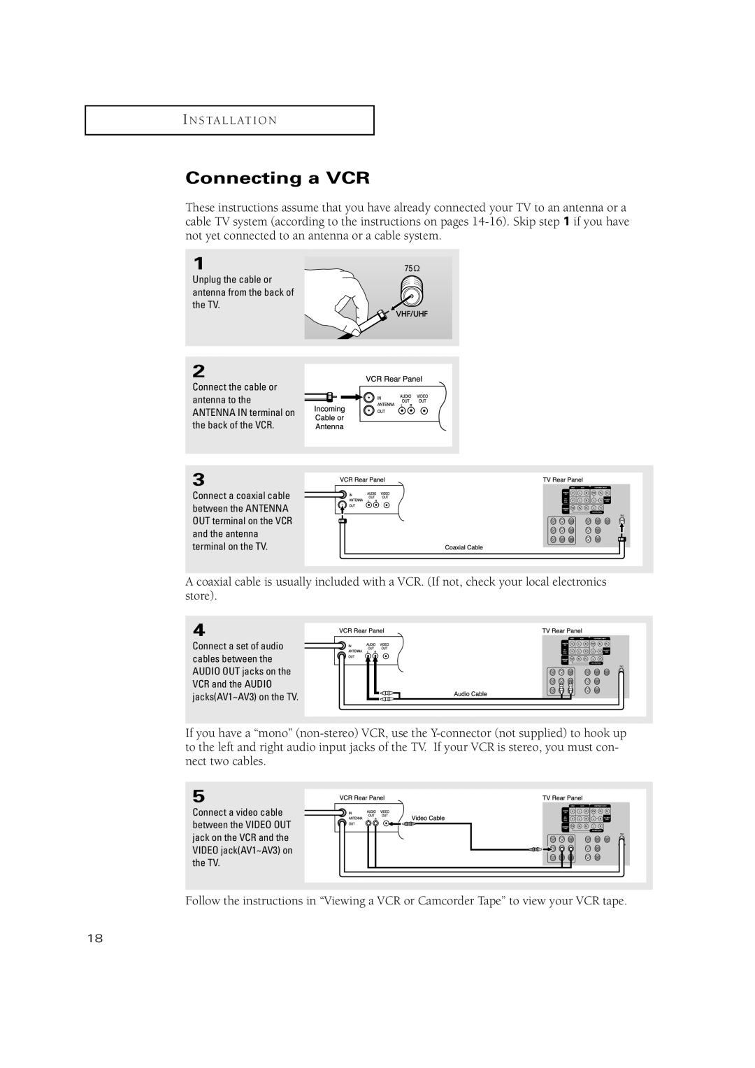 Samsung TXN2771HF/TXN3071WHF manual Connecting a VCR, Unplug the cable or antenna from the back of the TV 