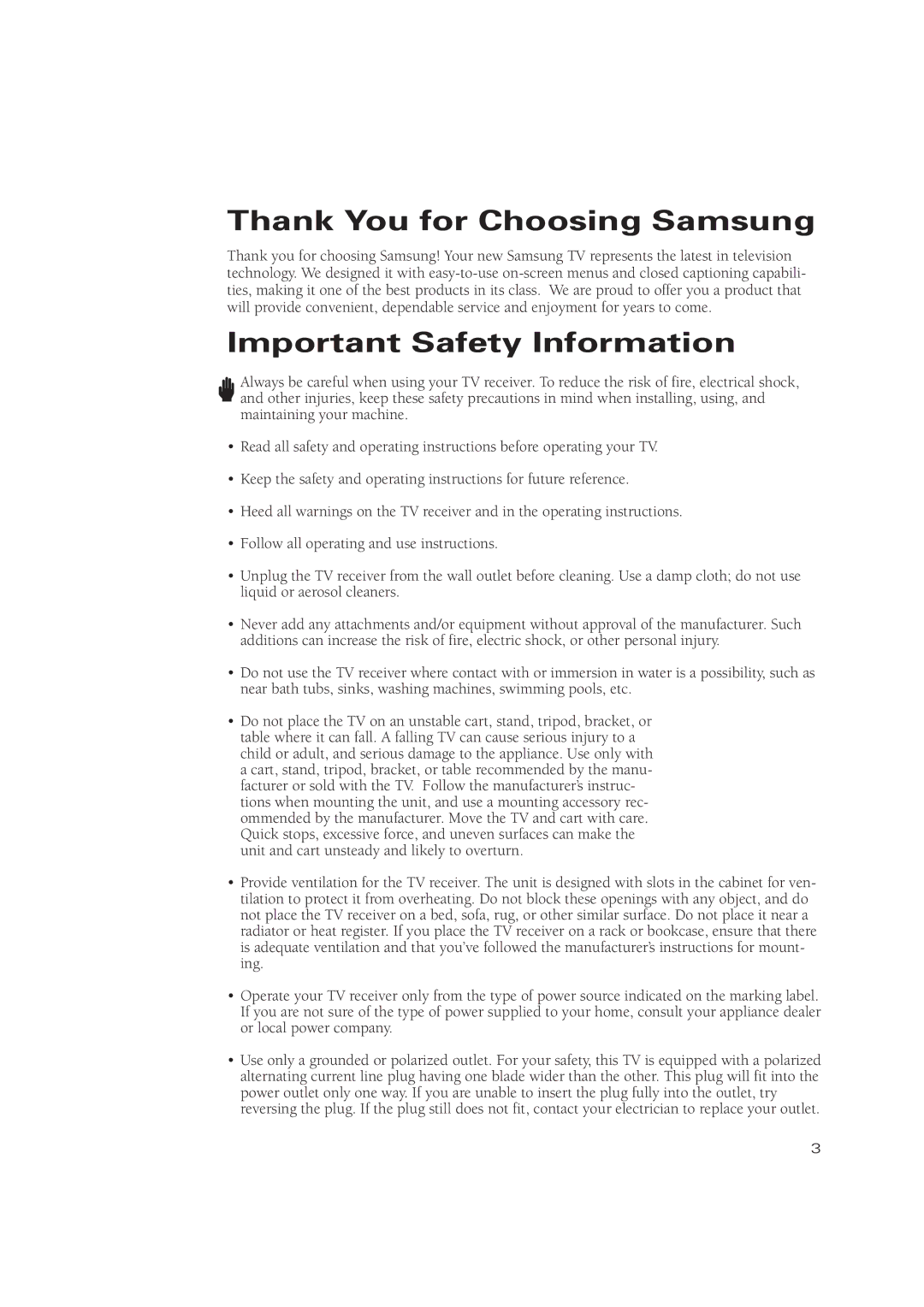 Samsung TXN2771HF/TXN3071WHF manual Thank You for Choosing Samsung 