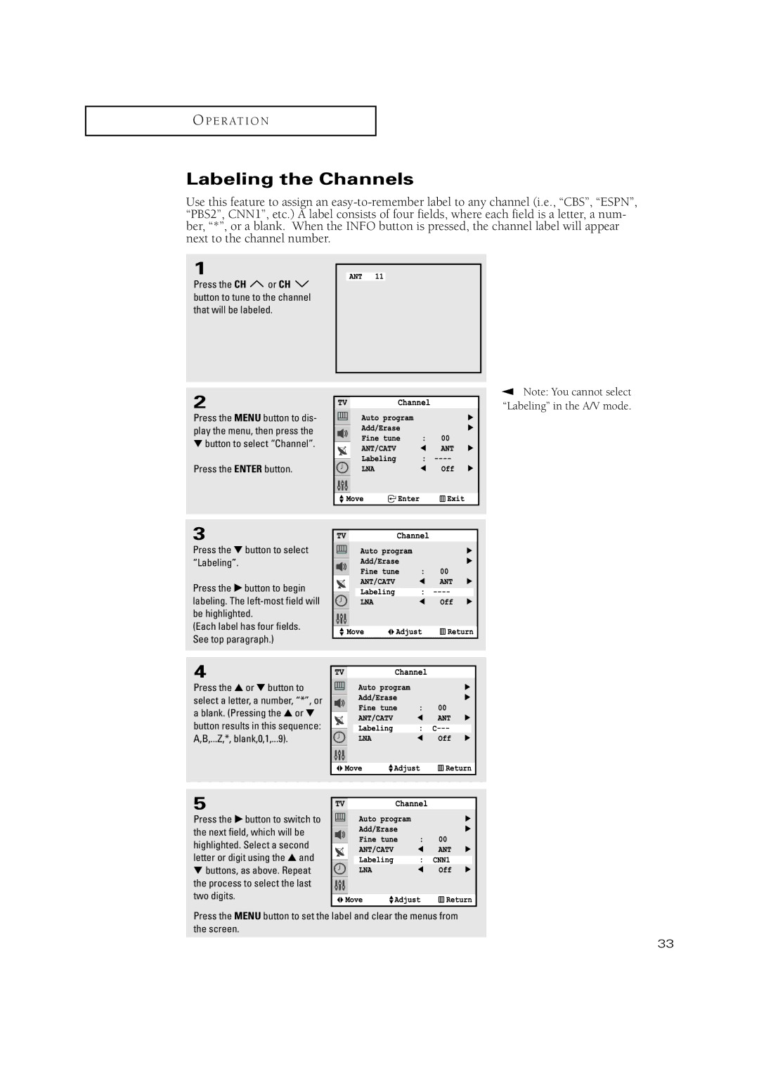 Samsung TXN2771HF/TXN3071WHF manual Labeling the Channels, Button to select Channel 