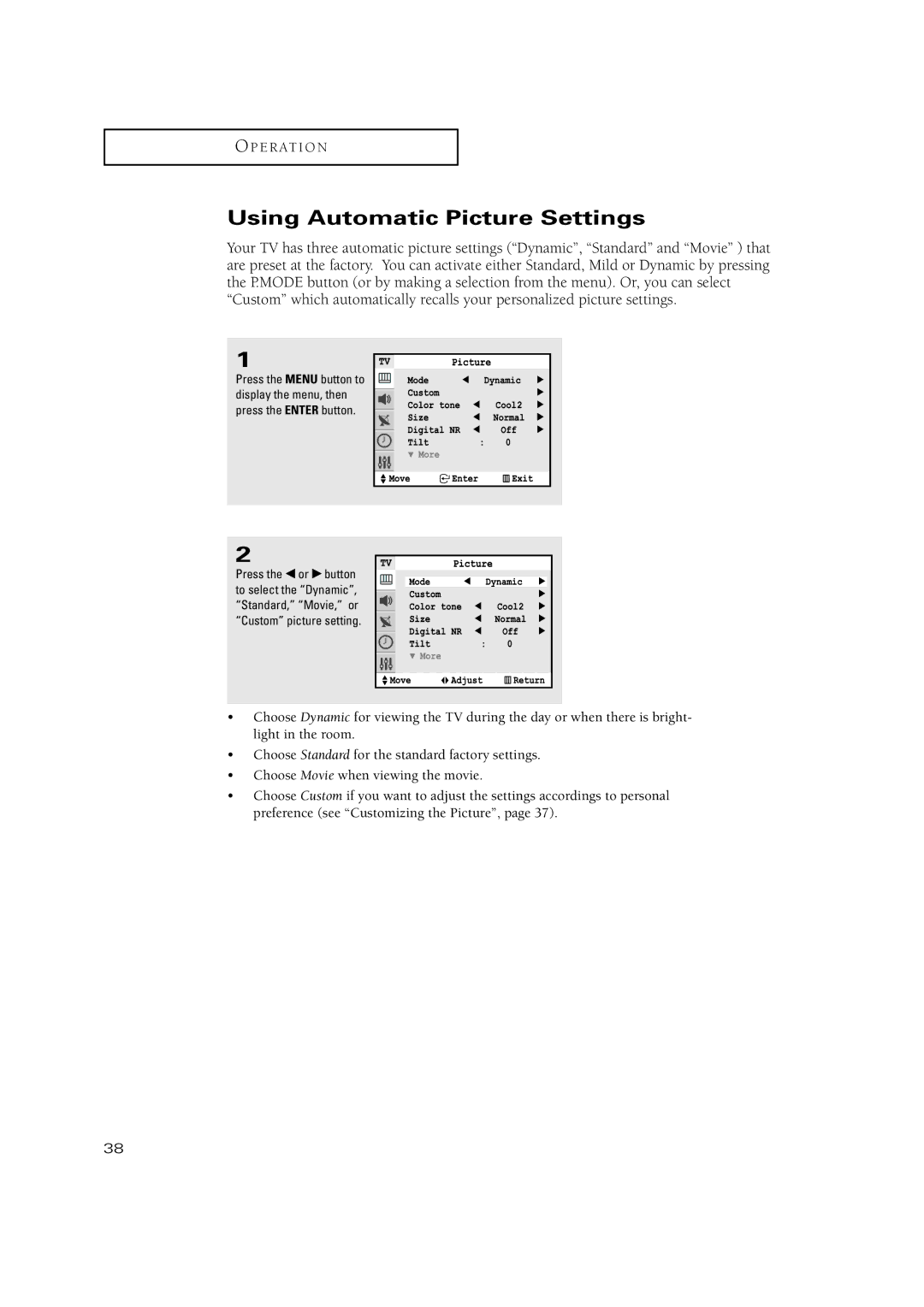 Samsung TXN2771HF/TXN3071WHF manual Using Automatic Picture Settings 