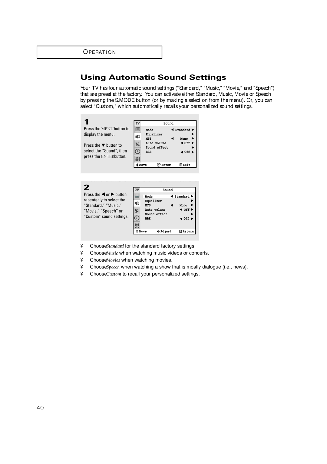 Samsung TXN2771HF/TXN3071WHF manual Using Automatic Sound Settings 