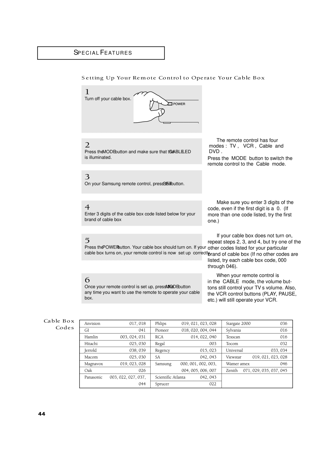 Samsung TXN2771HF/TXN3071WHF manual Setting Up Your Remote Control to Operate Your Cable Box, Codes 