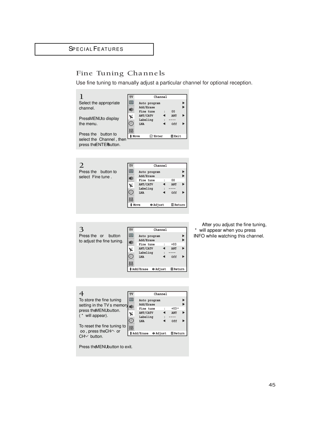 Samsung TXN2771HF/TXN3071WHF manual Fine Tuning Channels, Press the button to select Fine tune 