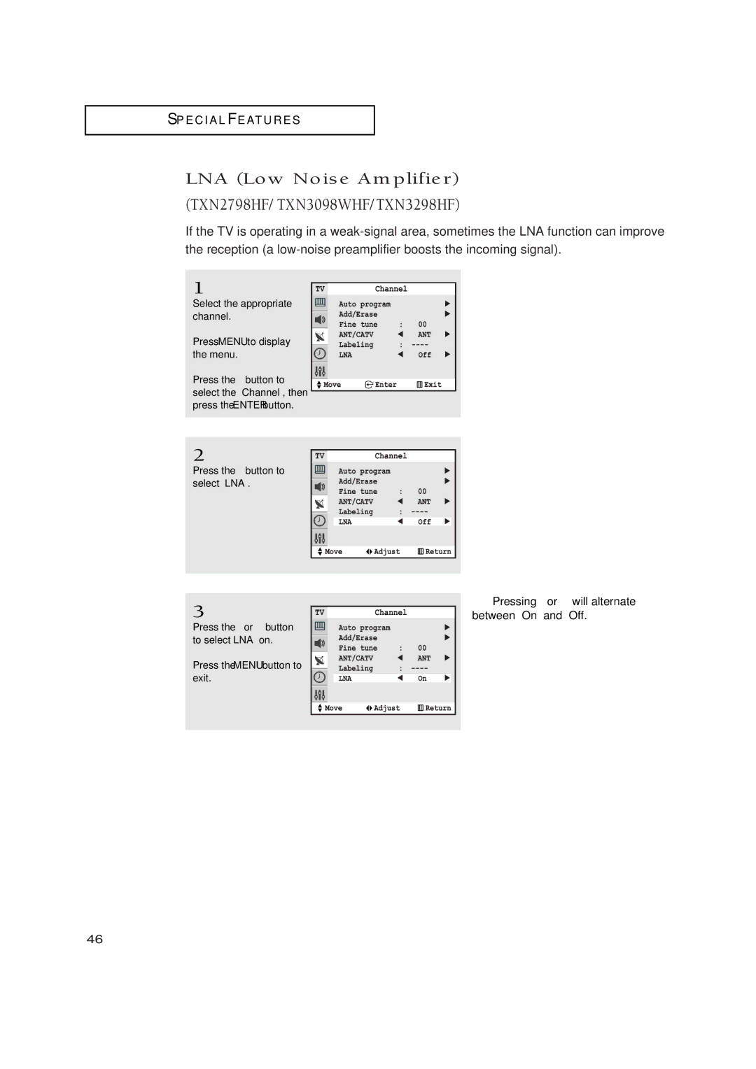 Samsung TXN2771HF/TXN3071WHF manual LNA Low Noise Amplifier TXN2798HF/TXN3098WHF/TXN3298HF, Press the button to select LNA 