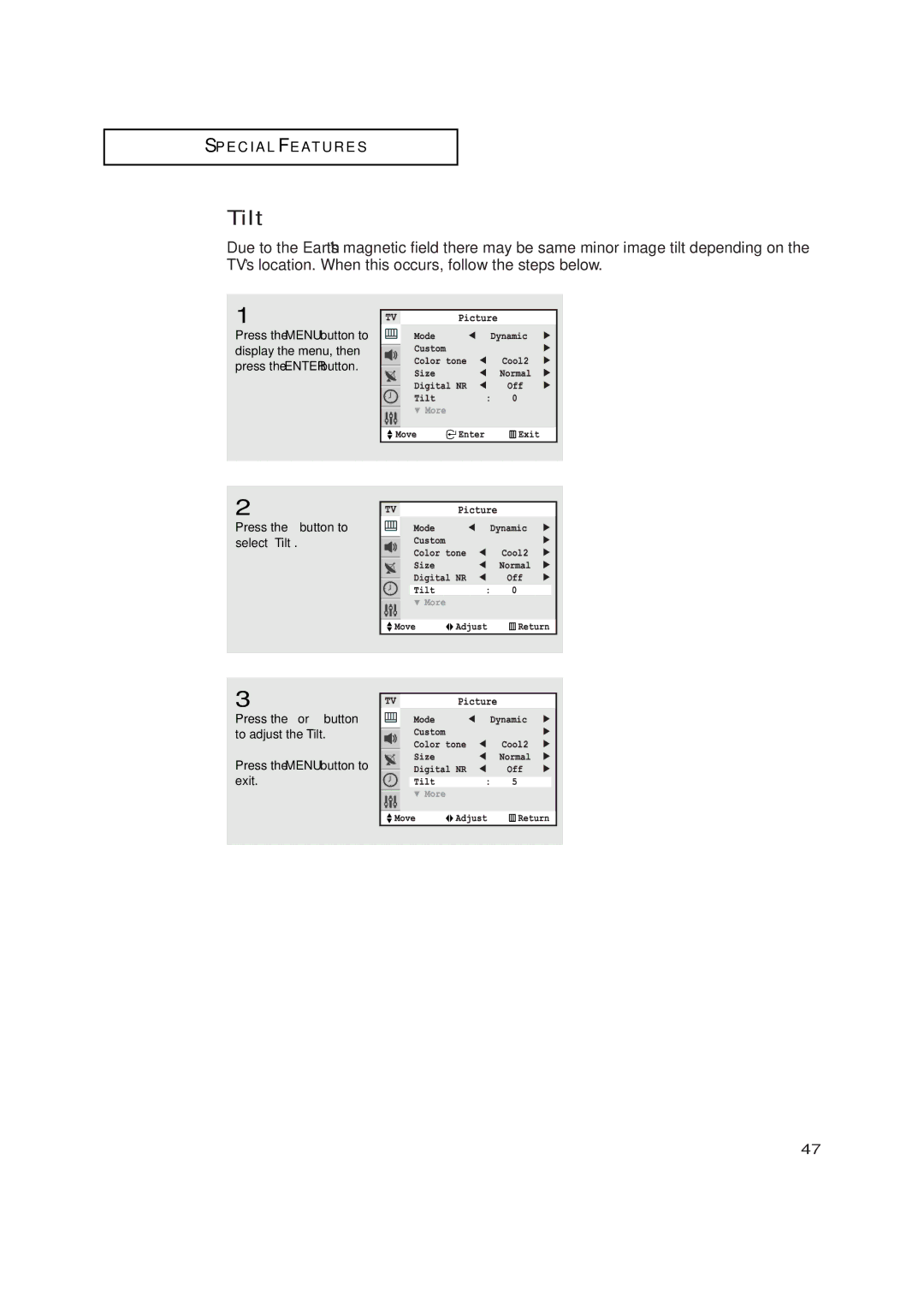 Samsung TXN2771HF/TXN3071WHF manual Press the button to select Tilt 