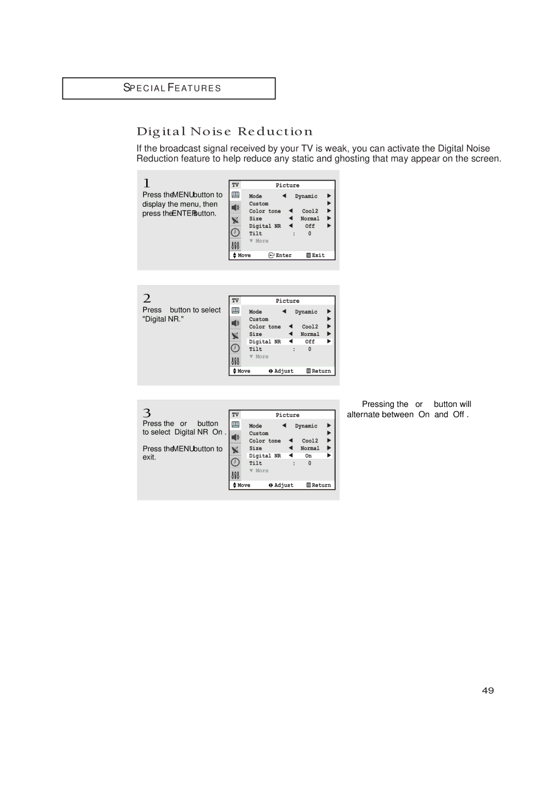 Samsung TXN2771HF/TXN3071WHF manual Digital Noise Reduction, Press button to select Digital NR 