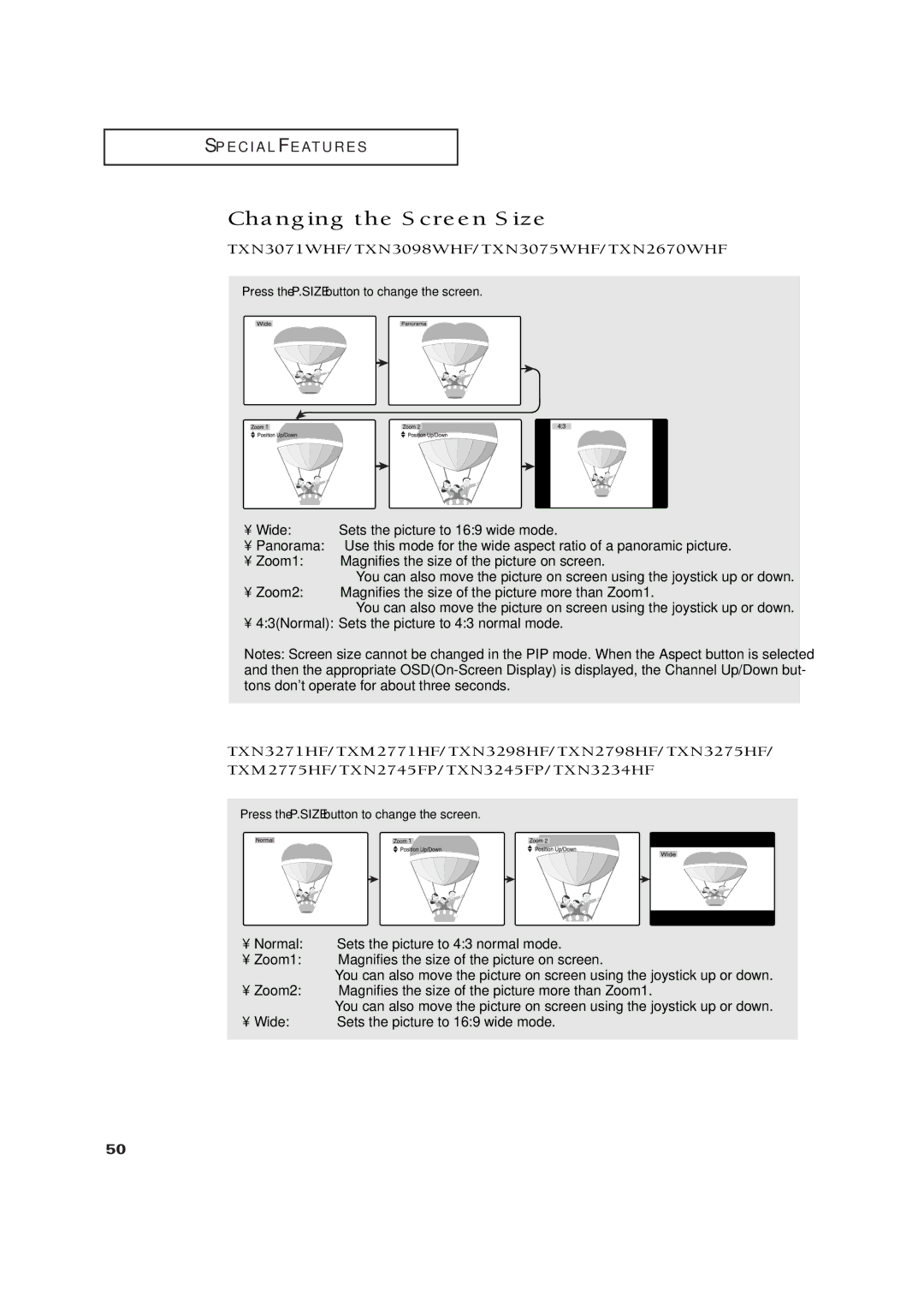 Samsung TXN2771HF/TXN3071WHF manual Changing the Screen Size, TXN3271HF/TXM2771HF/TXN3298HF/TXN2798HF/TXN3275HF 