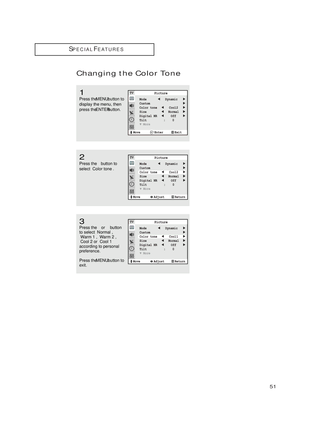 Samsung TXN2771HF/TXN3071WHF manual Changing the Color Tone 