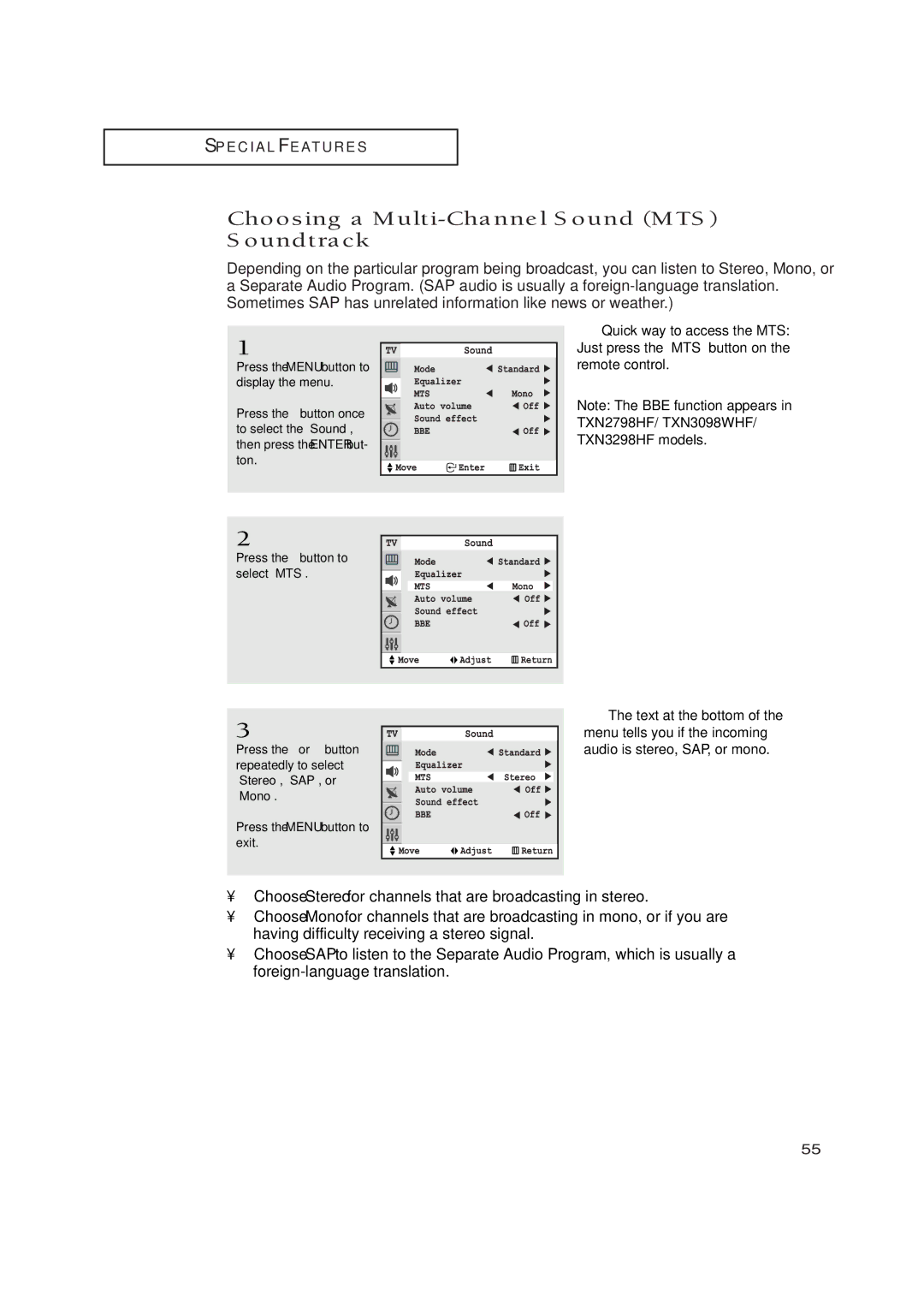 Samsung TXN2771HF/TXN3071WHF manual Choosing a Multi-Channel Sound MTS Soundtrack 