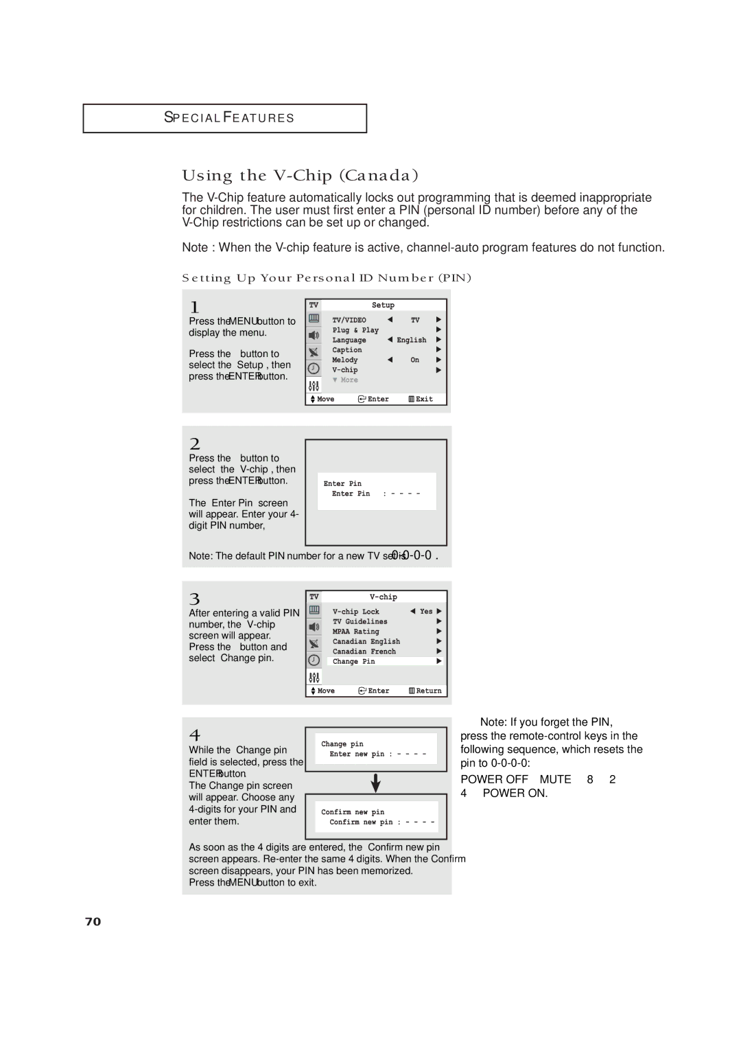 Samsung TXN2771HF/TXN3071WHF manual Using the V-Chip Canada, Setting Up Your Personal ID Number PIN 