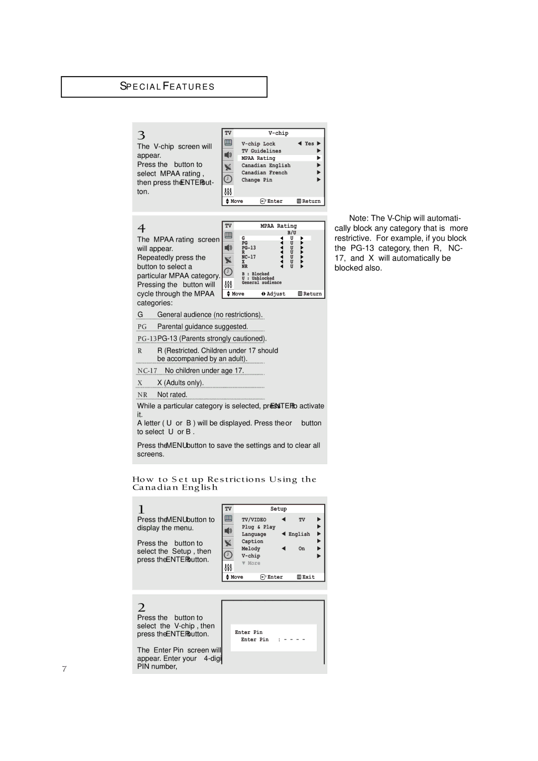 Samsung TXN2771HF/TXN3071WHF How to Set up Restrictions Using the Canadian English, Appear. Enter your 4-digit PIN number 