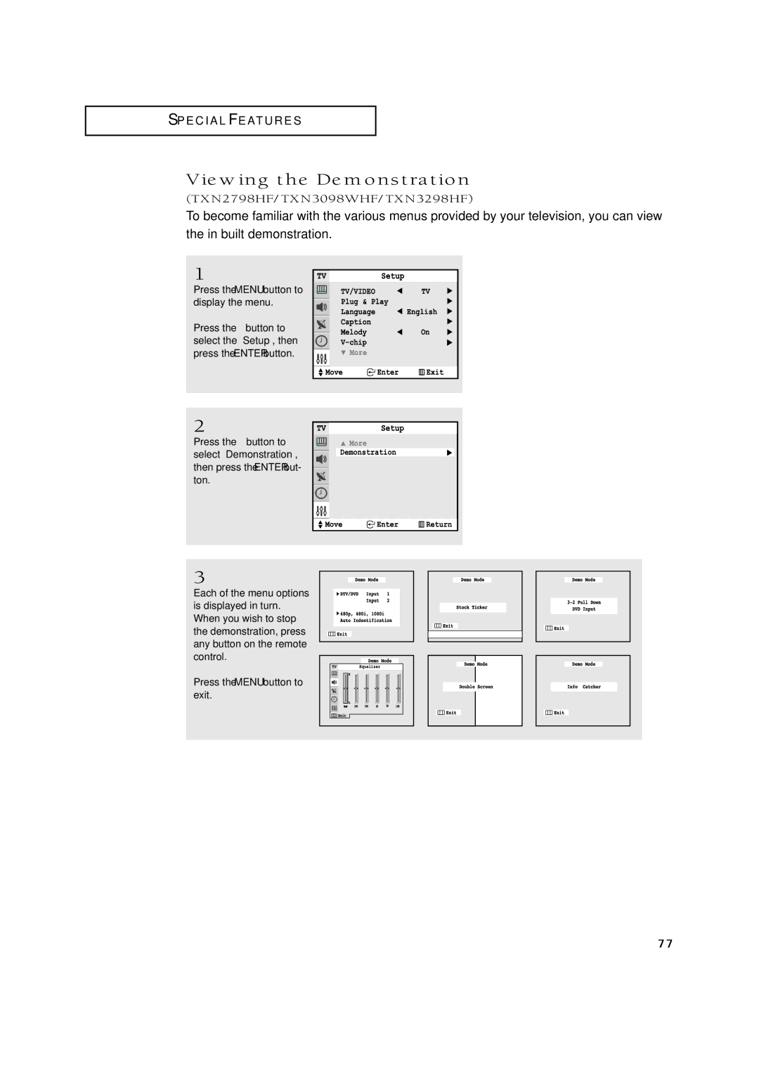 Samsung TXN2771HF/TXN3071WHF manual Viewing the Demonstration, TXN2798HF/TXN3098WHF/TXN3298HF 