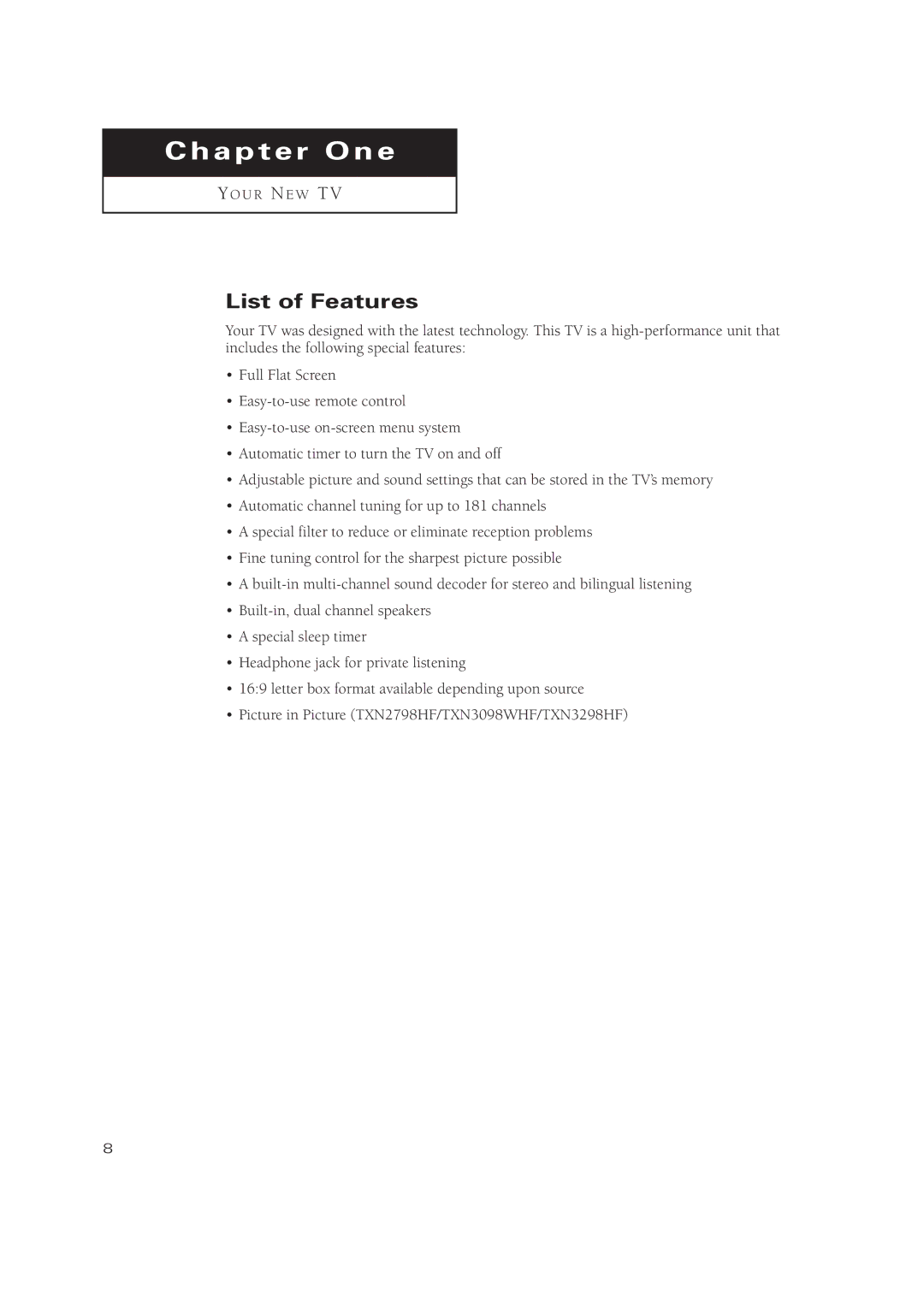 Samsung TXN2771HF/TXN3071WHF manual Chapter One, List of Features 