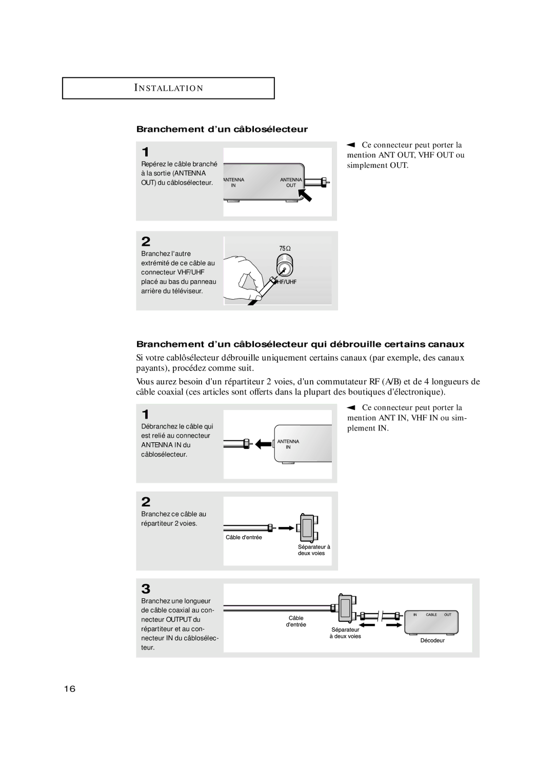 Samsung TXN2775HF, TXN3098WHF, TXN3075WHF, TXN2798HF, TXN3071WHF, TXN3298HF, TXN3275HF manual Branchement d’un câblosélecteur 