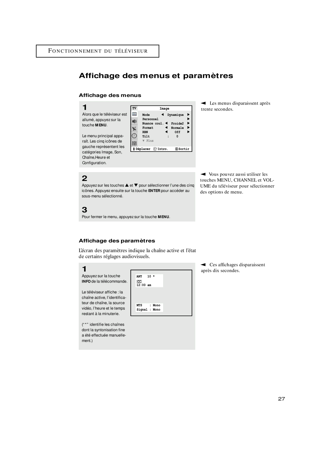 Samsung TXN3098WHF, TXN3075WHF, TXN2798HF, TXN3071WHF, TXN3298HF Affichage des menus et paramètres, Affichage des paramètres 