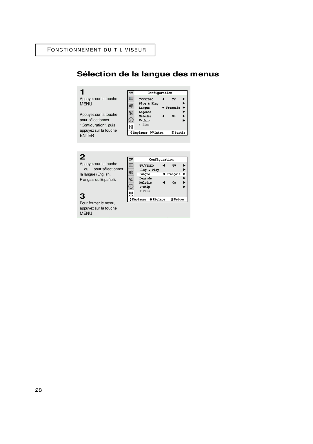 Samsung TXN3075WHF, TXN3098WHF, TXN2798HF, TXN3071WHF, TXN3298HF manual Sélection de la langue des menus, Appuyez sur la touche 