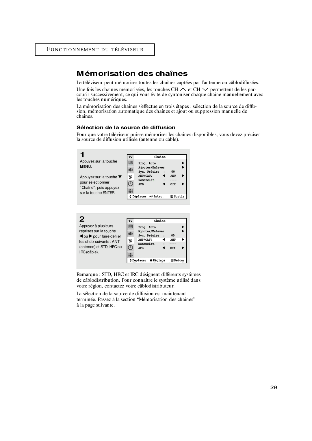 Samsung TXN2798HF, TXN3098WHF, TXN3075WHF, TXN3071WHF manual Mémorisation des chaînes, Sélection de la source de diffusion 