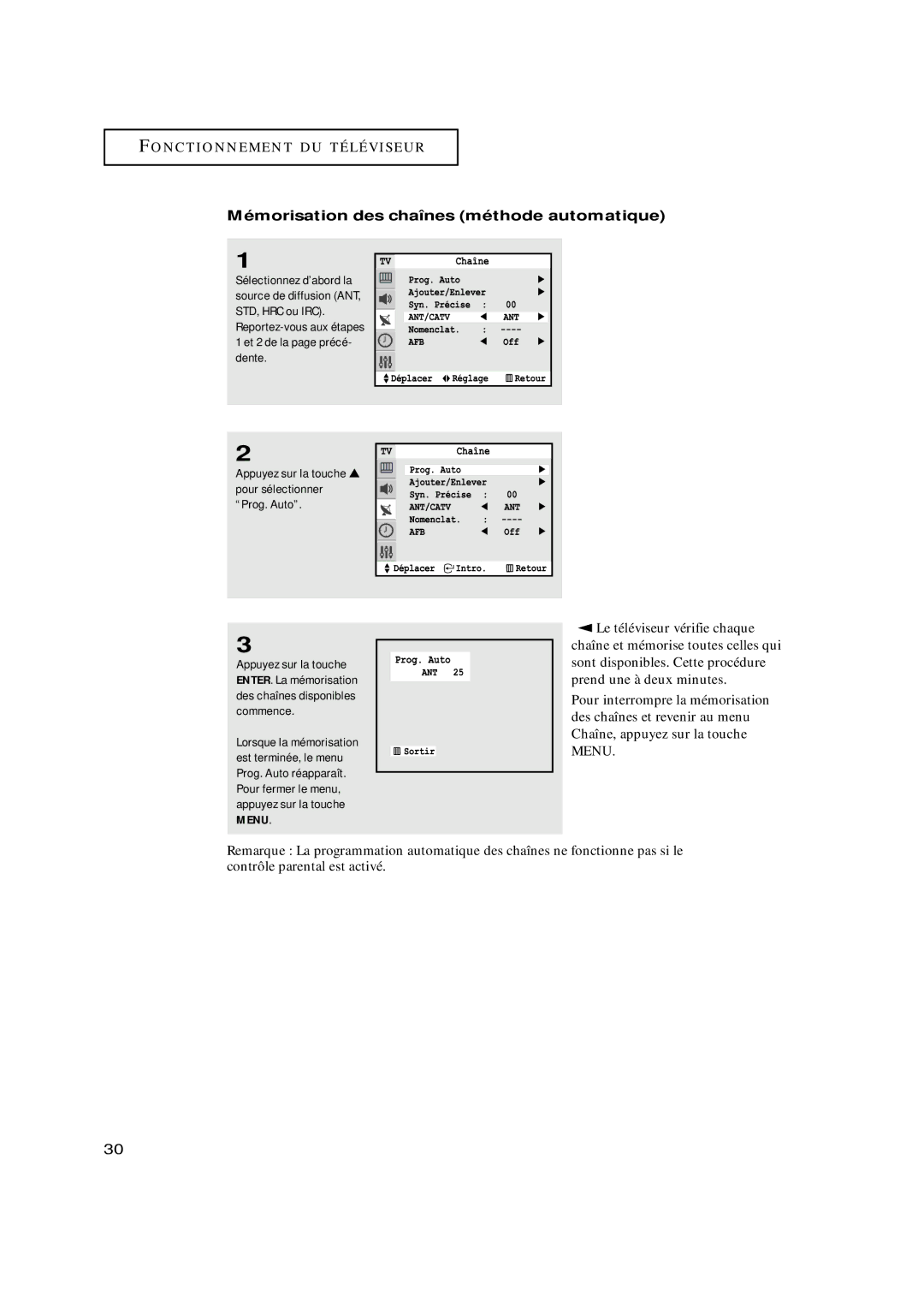 Samsung TXN3071WHF, TXN3098WHF, TXN3075WHF, TXN2798HF, TXN3298HF, TXN3275HF Mémorisation des chaînes méthode automatique, Menu 