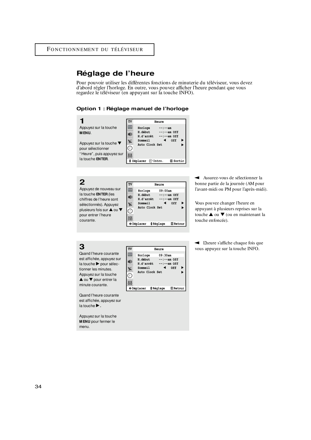 Samsung TXN2775HF, TXN3098WHF Réglage de l’heure, Option 1 Réglage manuel de l’horloge, Ou pour entrer la minute courante 