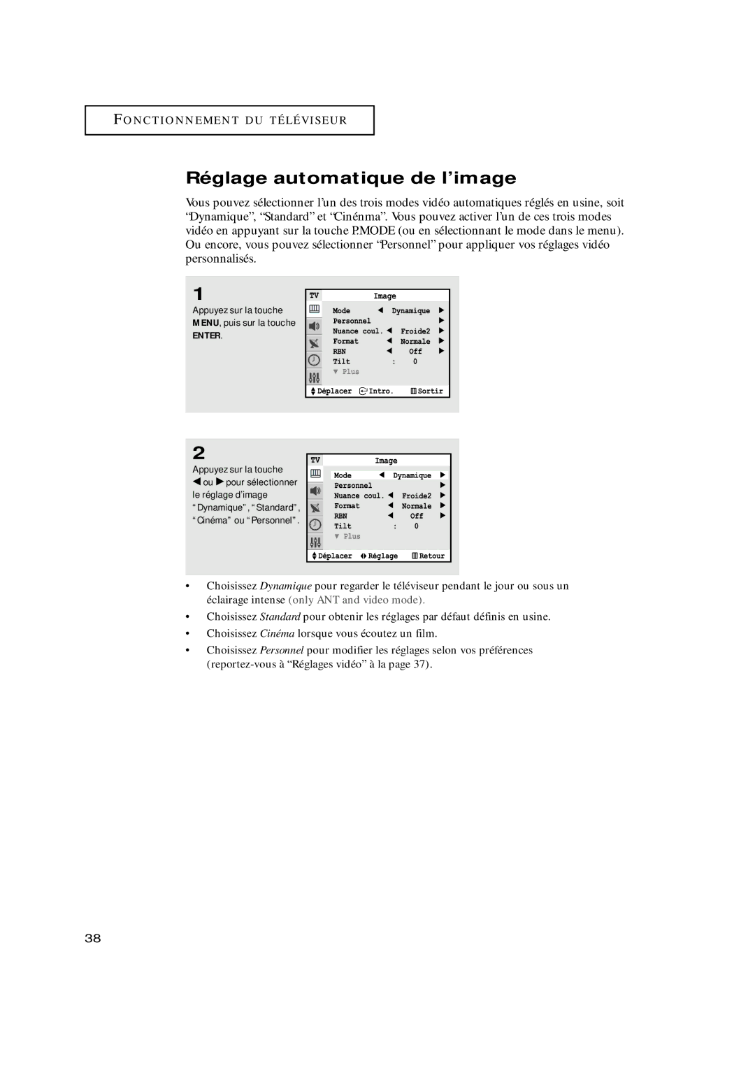 Samsung TXN2798HF, TXN3098WHF, TXN3075WHF Réglage automatique de l’image, Appuyez sur la touche MENU, puis sur la touche 