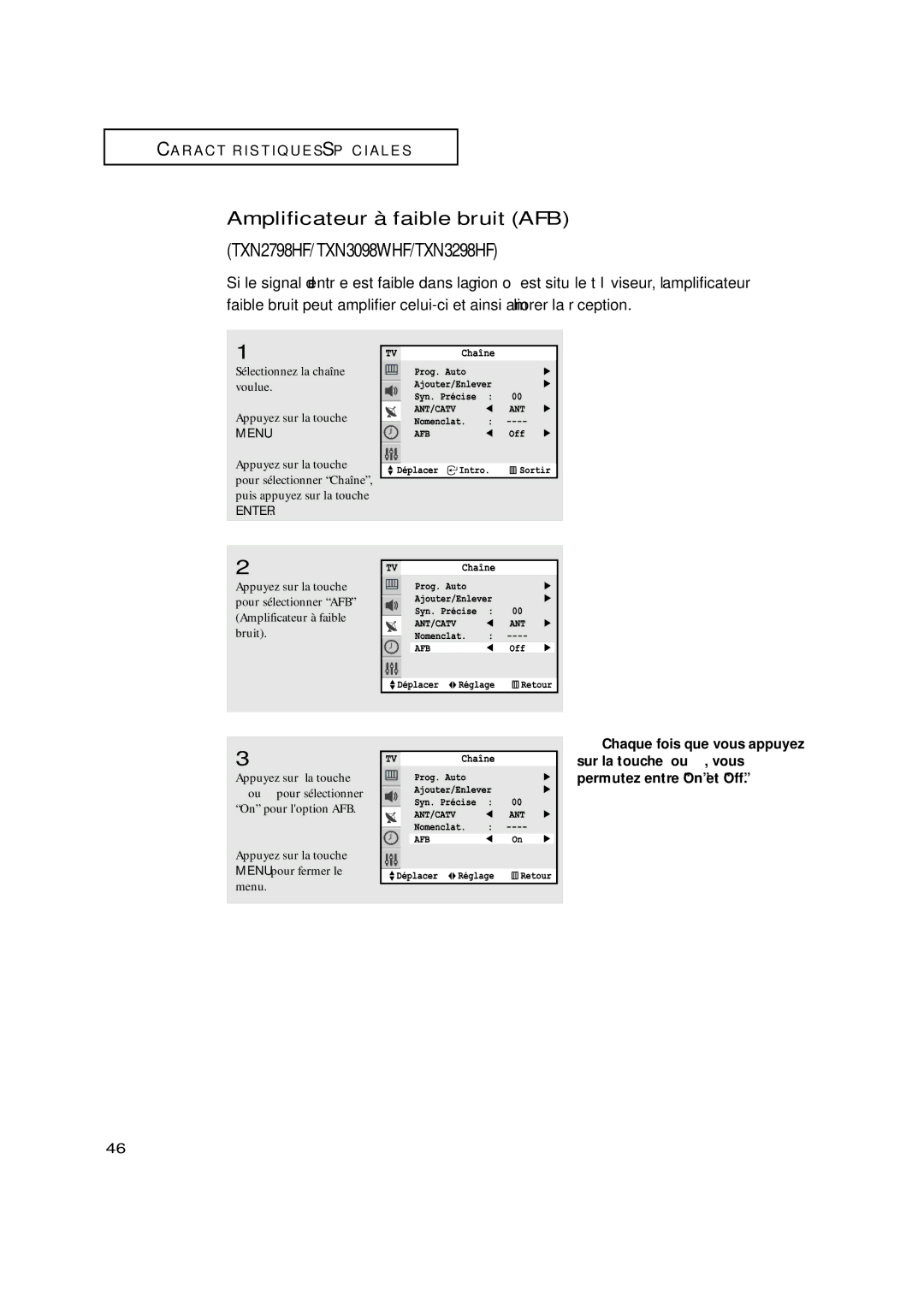 Samsung TXN3075WHF Sélectionnez la chaîne voulue Appuyez sur la touche, Appuyez sur la touche Menu pour fermer le menu 