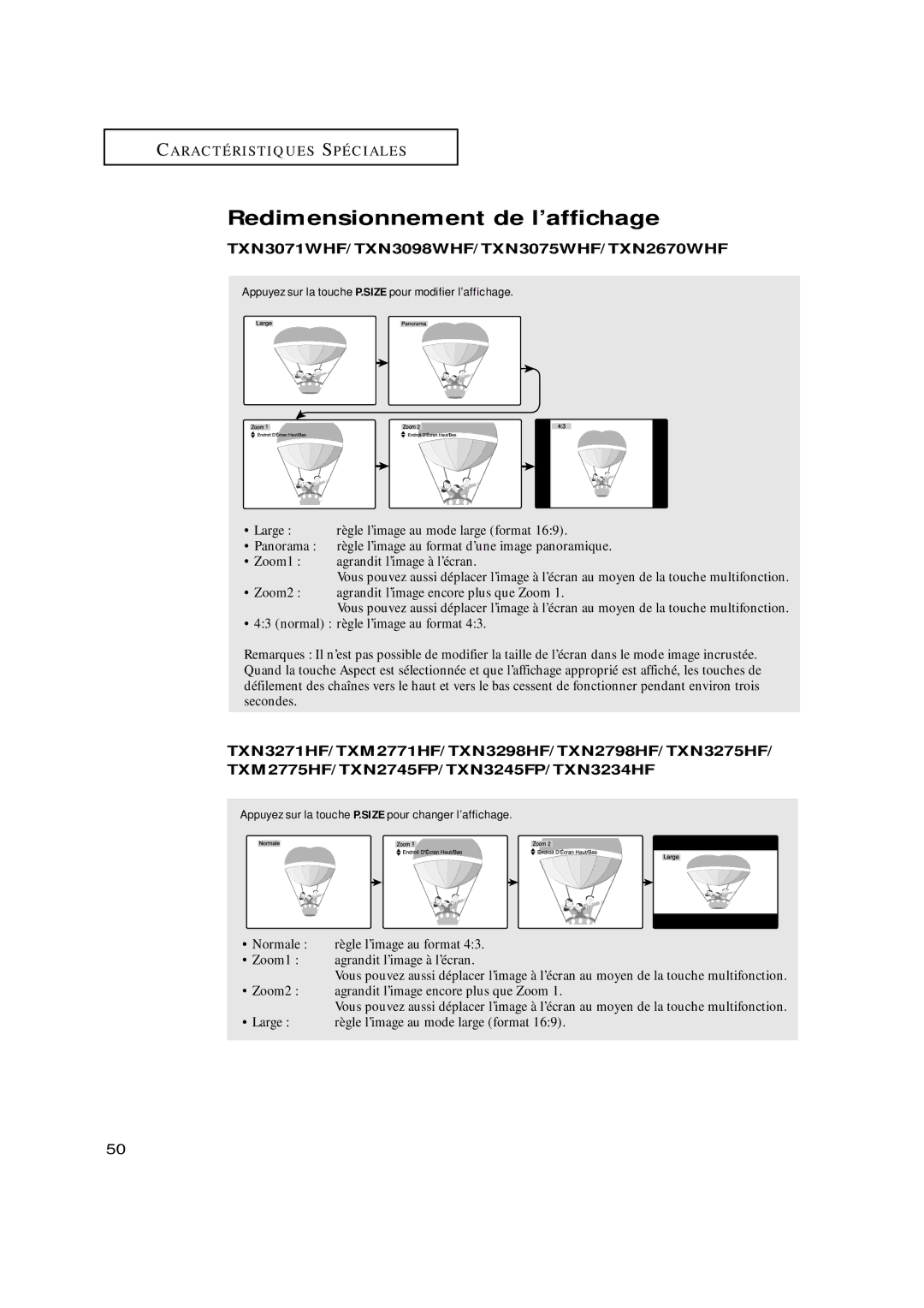 Samsung TXN3098WHF, TXN3075WHF manual Redimensionnement de l’affichage, TXN3271HF/TXM2771HF/TXN3298HF/TXN2798HF/TXN3275HF 